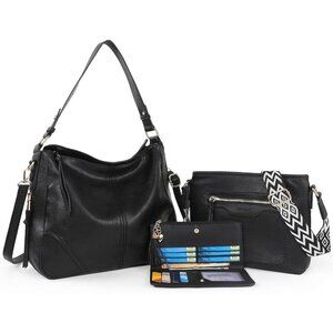 Women’s Black 3PCS PU Leather Purses Set Crossbody Wallet & Hobo Tote Bag